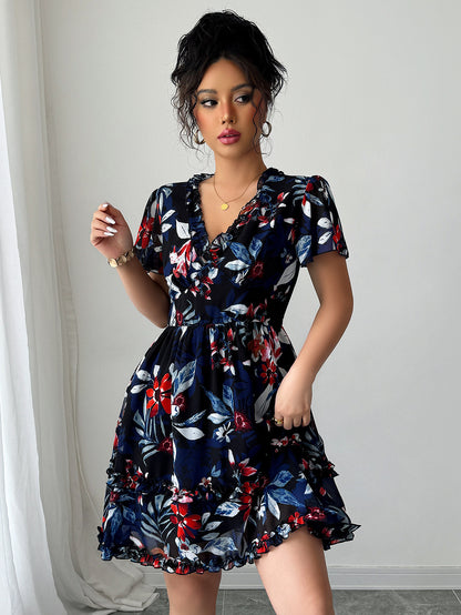 Robe fleurie - col en V - Marine