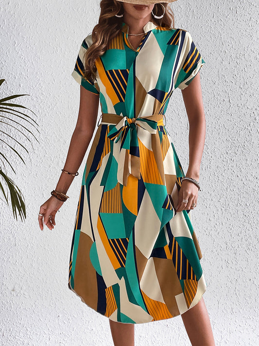 Robe ceinturée multicolorée verte