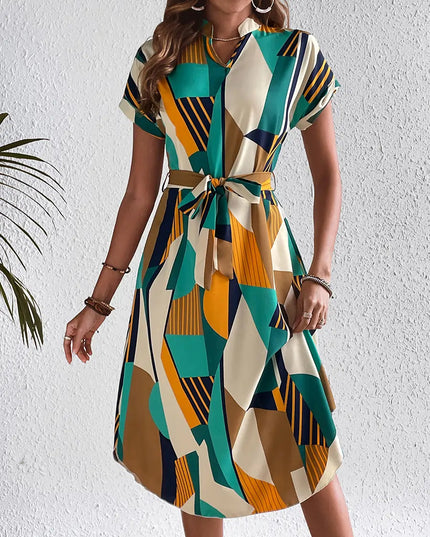 Robe ceinturée multicolorée verte