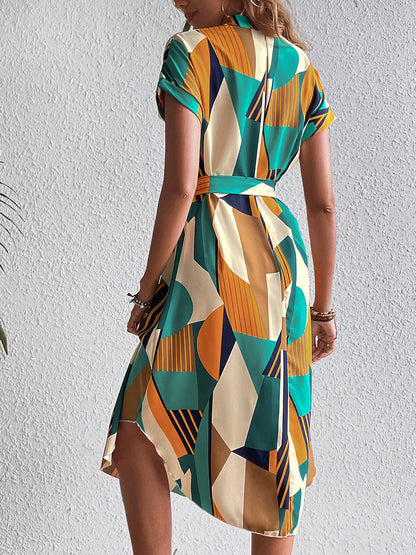 Robe ceinturée multicolorée verte