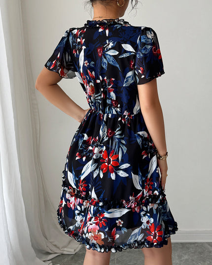 Robe fleurie - col en V - Marine - Lajovia