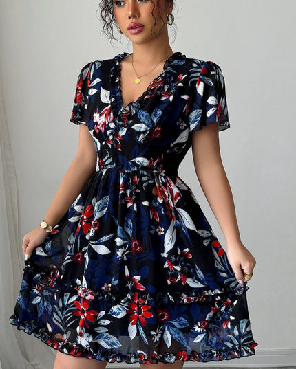 Robe fleurie - col en V - Marine - Lajovia