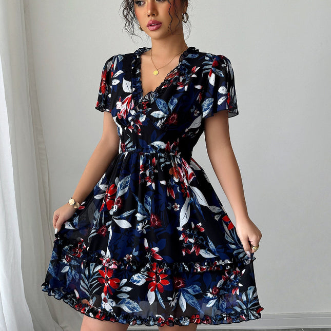 Robe fleurie - col en V - Marine - Lajovia